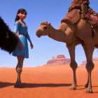 Woman in denim dress next to camel in desert landscape