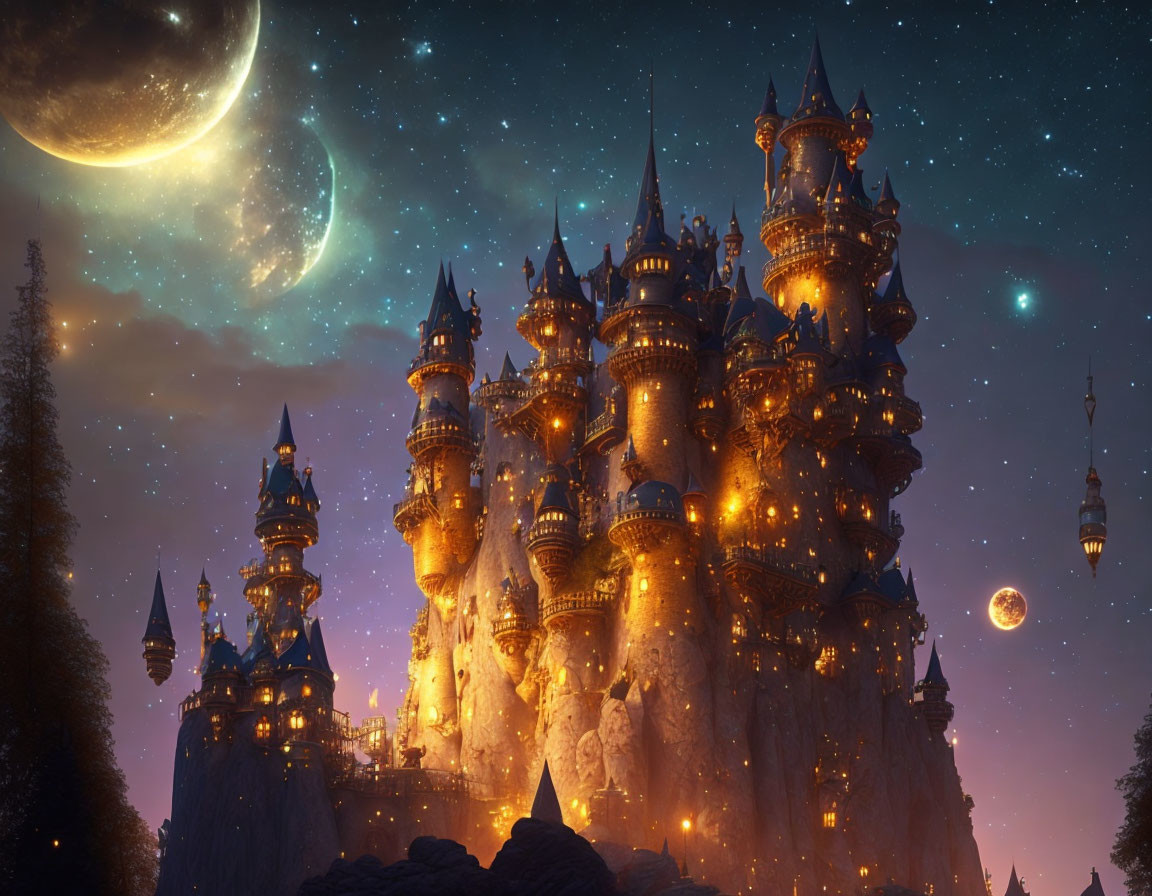 Majestic castle on cliff under starry sky with multiple moons, bathed in golden light,