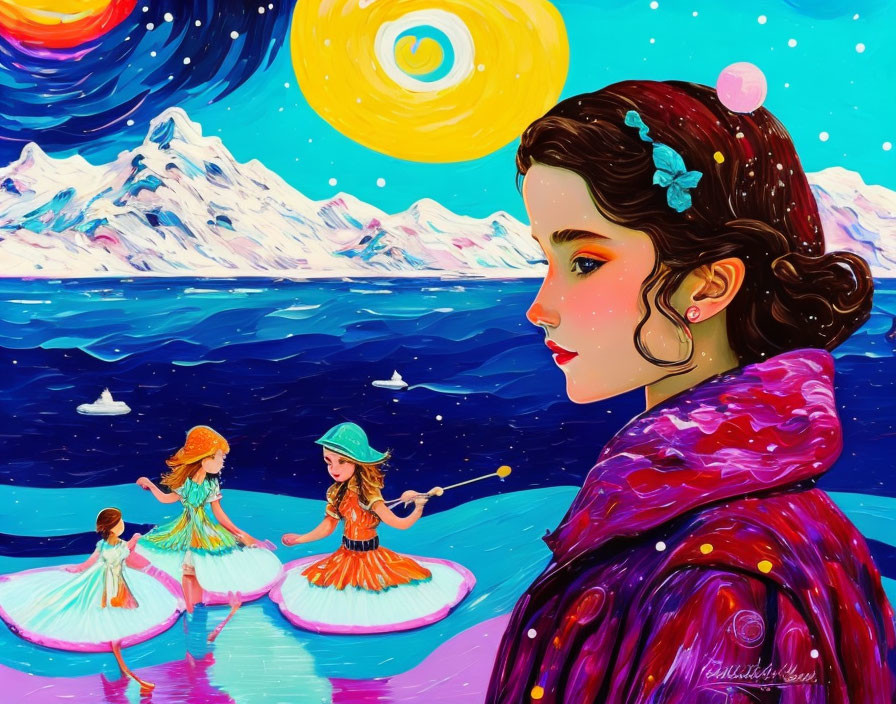 Vibrant painting of woman in profile with detailed cloak and whimsical scene of dancing children on water