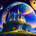 Enchanted castle on hill with oversized trees under starry sky