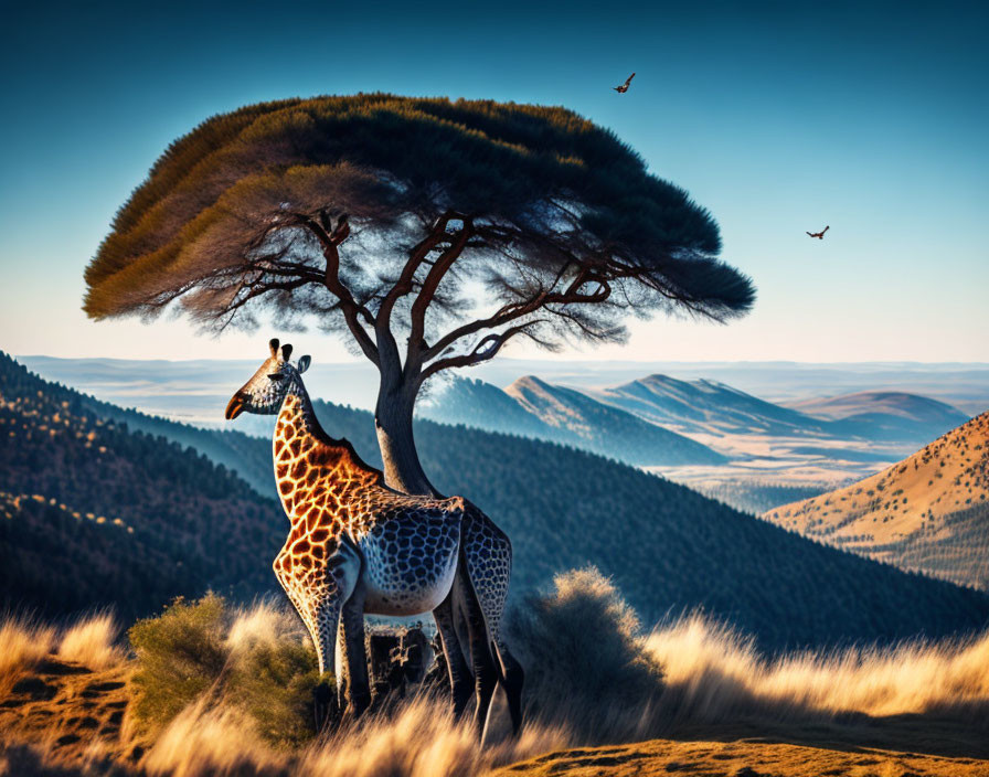 Giraffe under acacia tree in Savannah sunset landscape