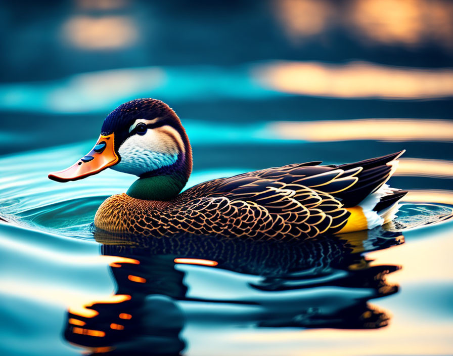 Vibrant duck floating on calm blue water under warm light