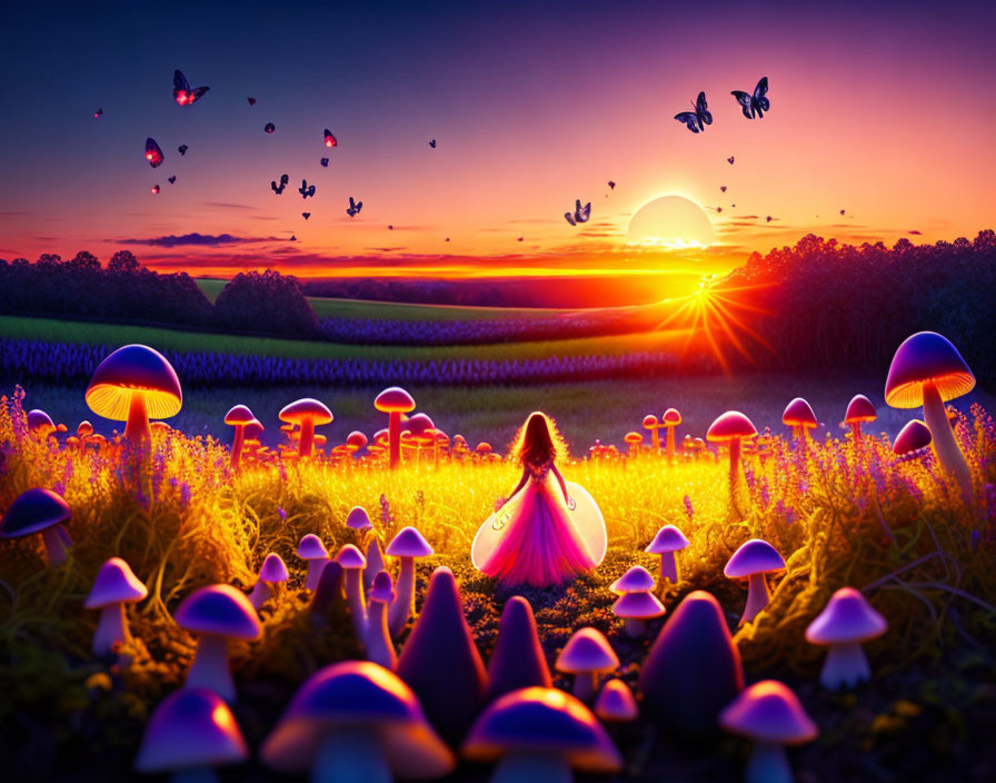 Person surrounded by glowing mushrooms under vibrant sunset with fluttering butterflies