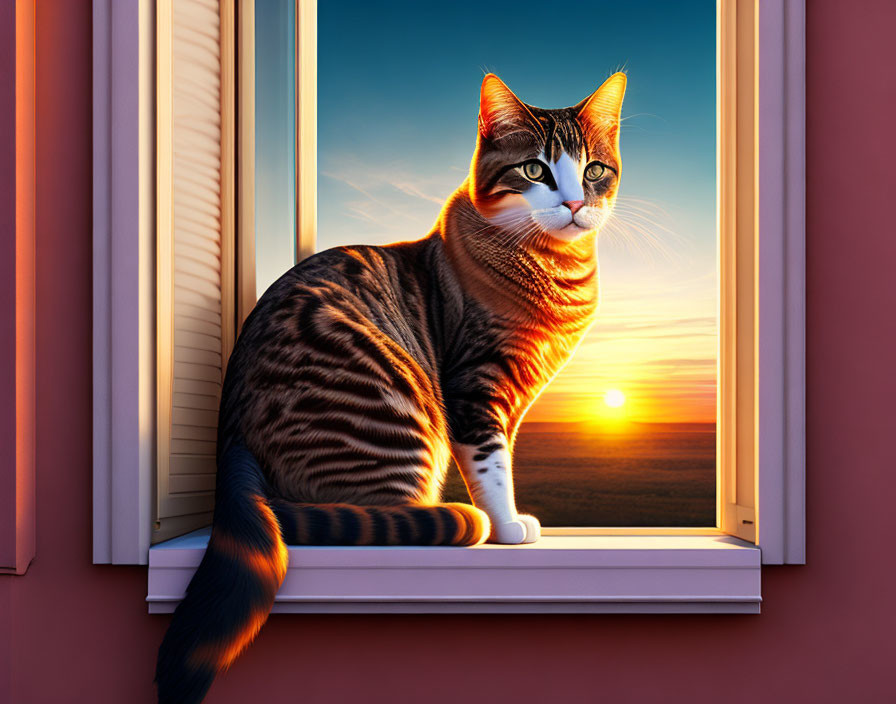 Tabby Cat on Windowsill Watching Sunset