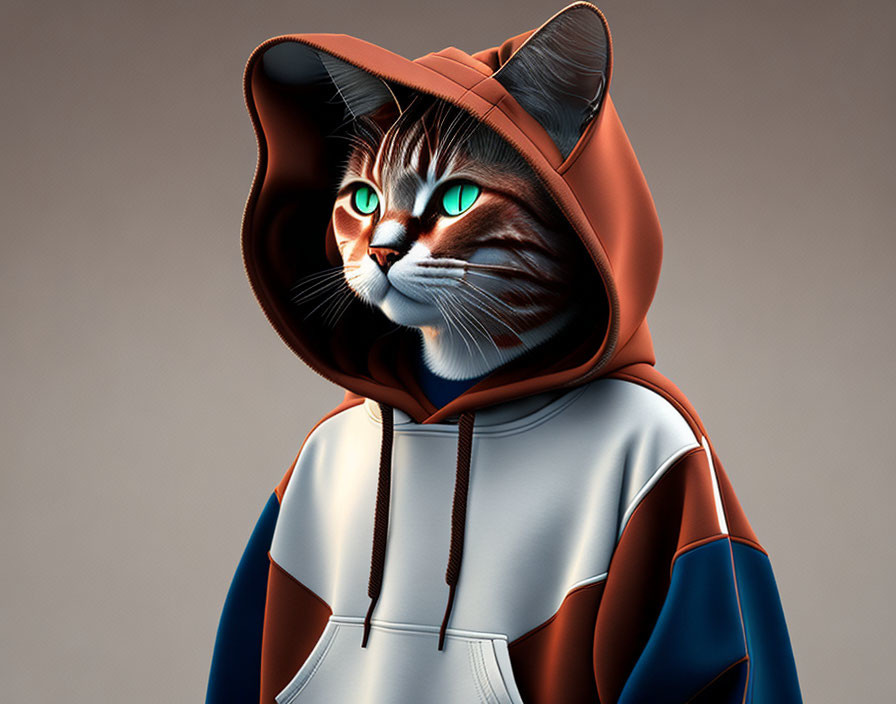 Digital illustration of cat with human-like features in brown, white, and blue hooded sweatshirt