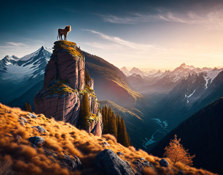 Sheep on rocky outcrop gazes at scenic valley at sunset