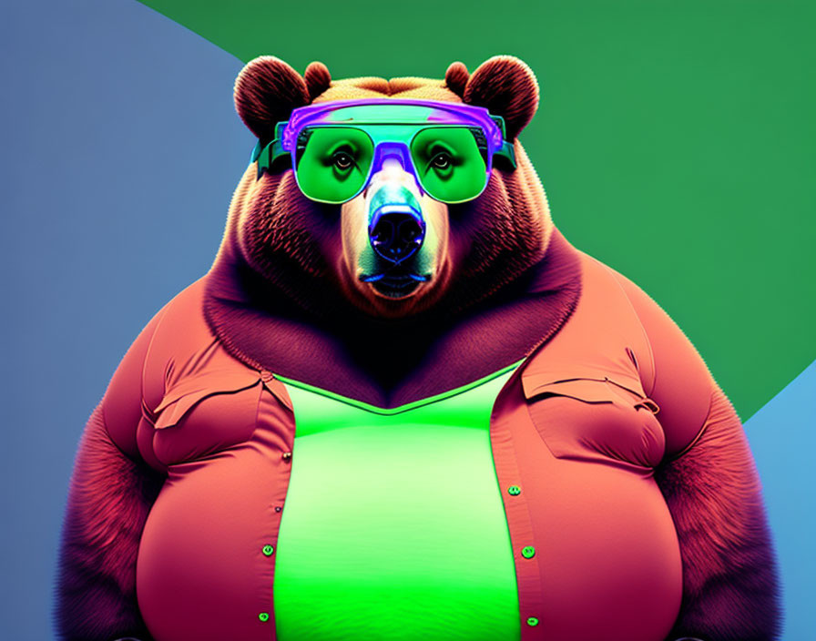 Digital illustration of bear in human-like attire on dual-colored background