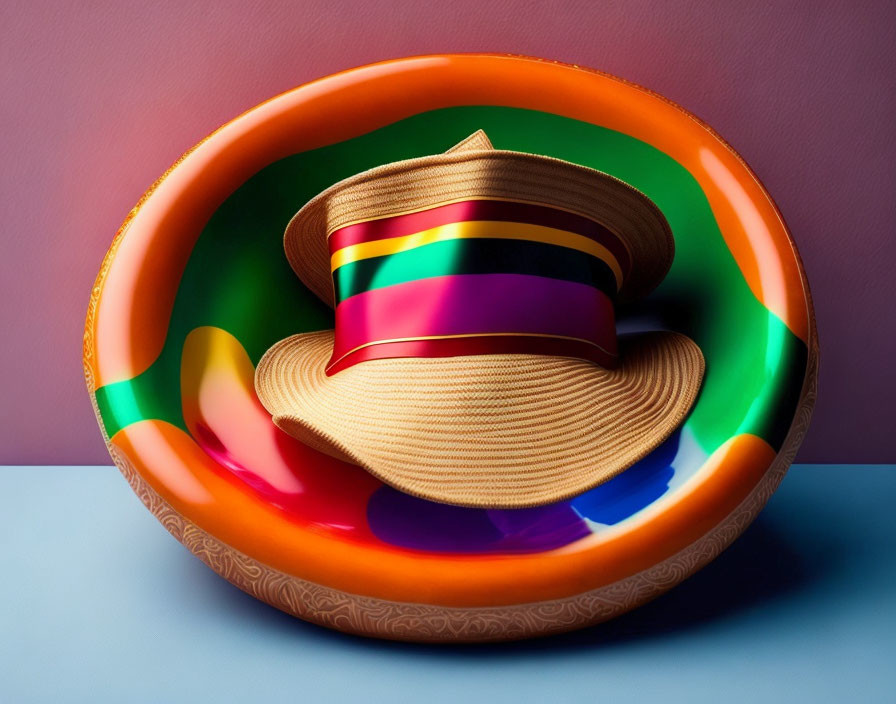 Striped Sun Hat and Colorful Swim Ring on Dual-tone Background