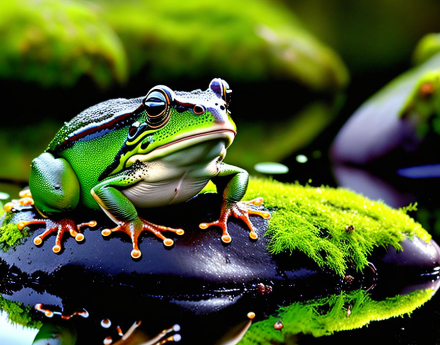 Colorful Frog on Moss-Covered Stones in Nature