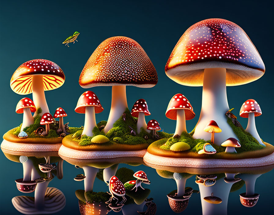 Colorful digital artwork featuring oversized mushrooms, glossy finish, smaller mushrooms, and a hovering firefly.