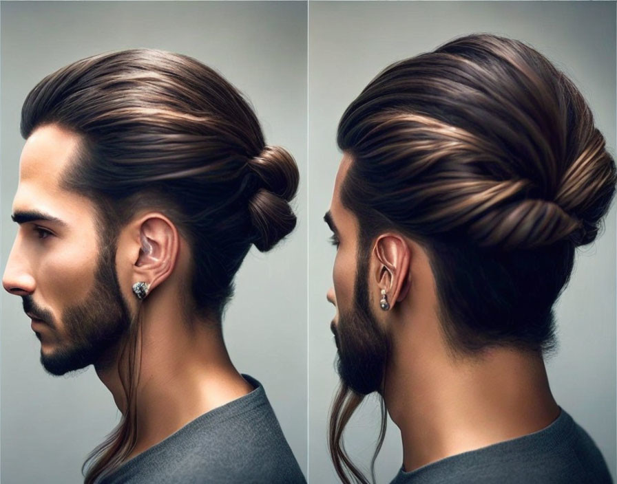 Long Brown Hair Twisted Bun Modern Style Pierced Ears