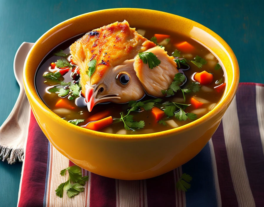 Colorful soup presentation with fish head and herbs in yellow bowl