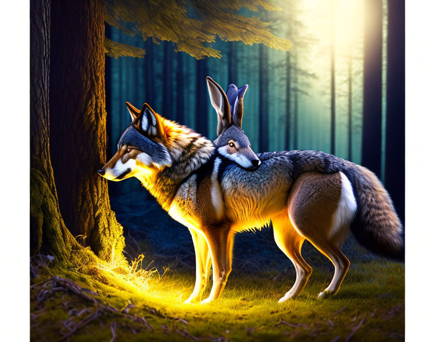 Hybrid Wolf-Jackrabbit Digital Art in Mystical Forest