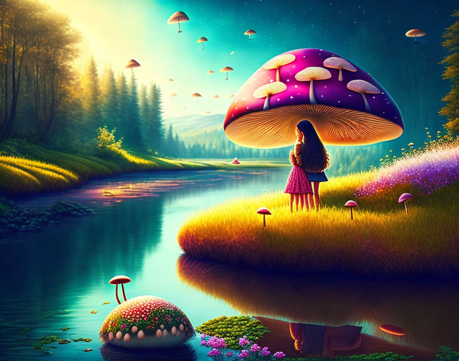 Fantastical landscape with oversized mushrooms, girl by river, vibrant flora