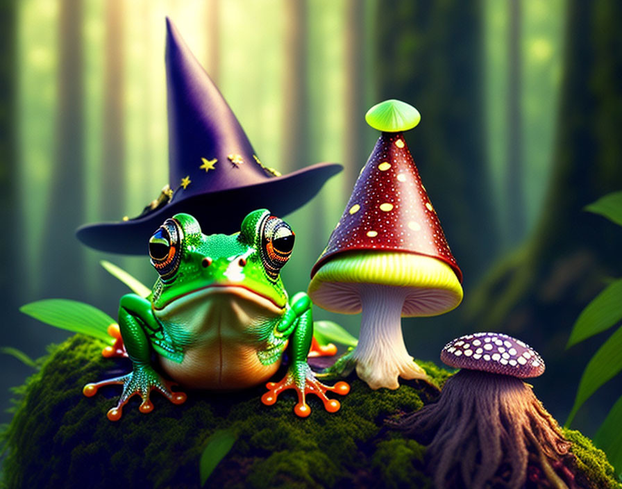 Green Frog in Wizard Hat with Fantasy Mushrooms in Enchanted Forest