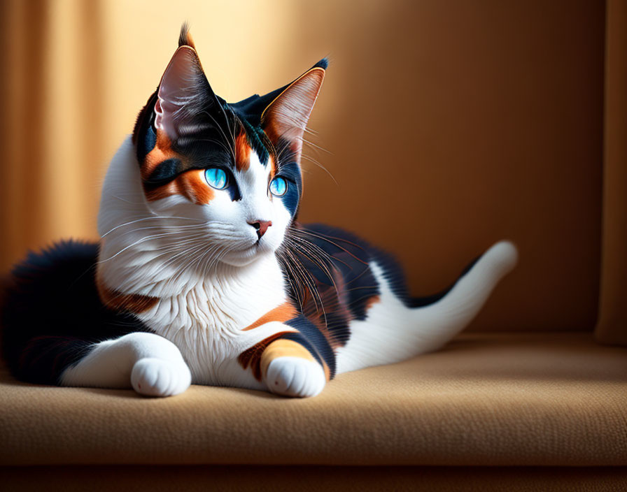 Tricolor cat with blue eyes and white chest on warm-toned background