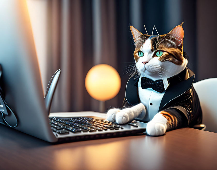 Cat in Bow Tie Typing on Laptop in Professional Setting