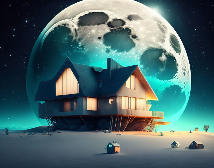 Spacious house on stilts under rising moon in starry night landscape