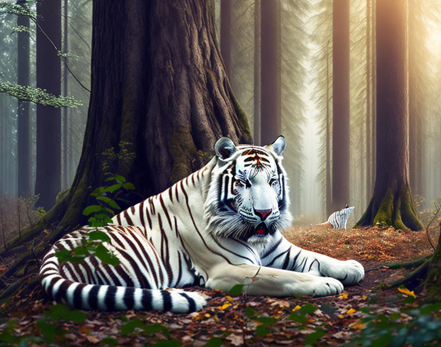 White Tiger with Black Stripes Resting in Misty Forest