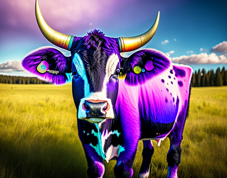 Colorful Cow Grazing in Sunny Field with Blue Sky