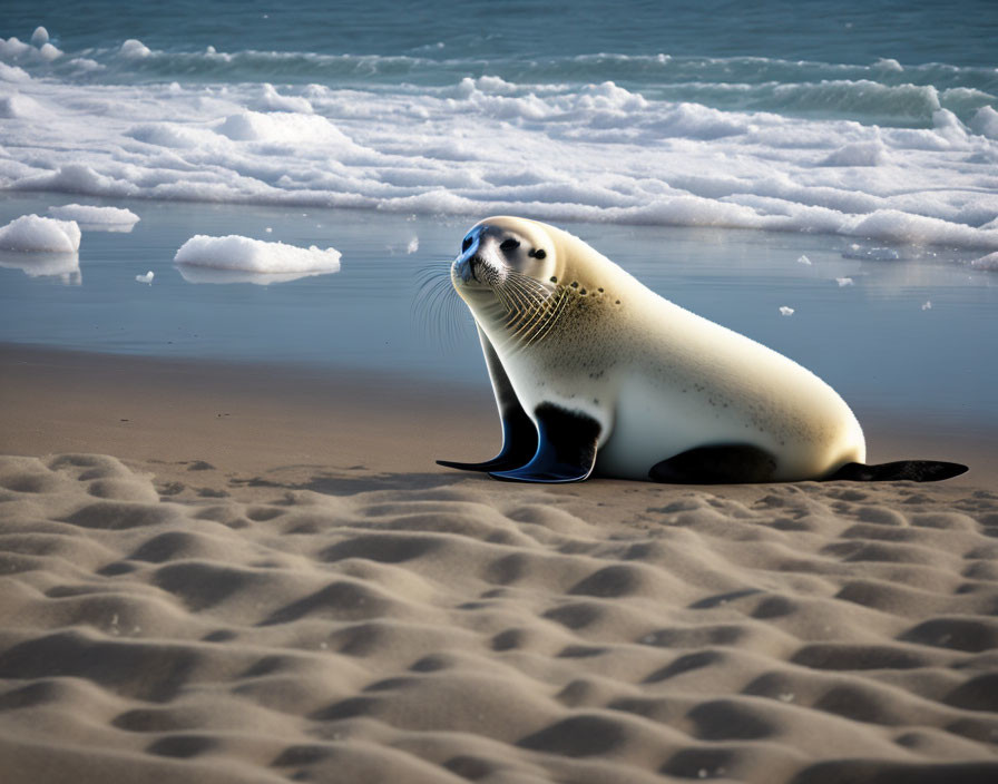 Seal resting on sandy shoreline with waves and foam in the background