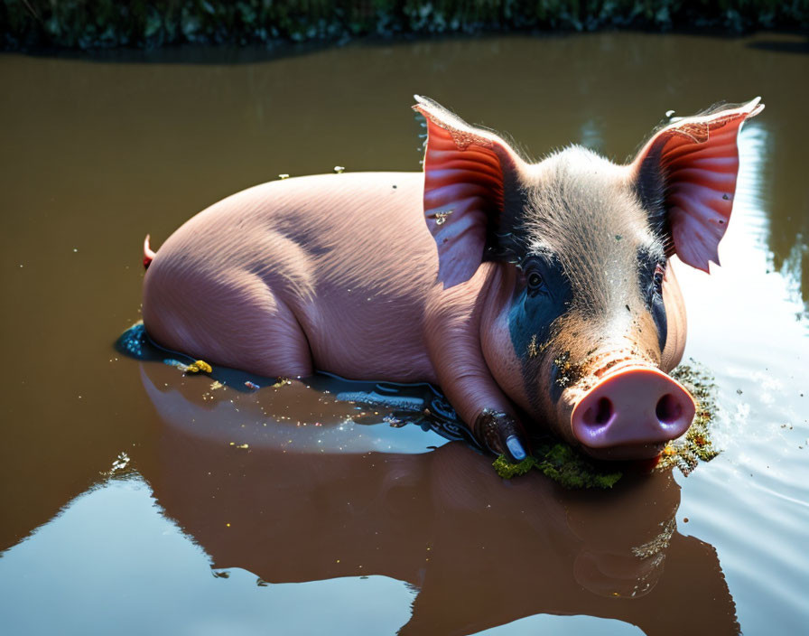 Swimming Pig in Muddy Water with Debris and Foliage