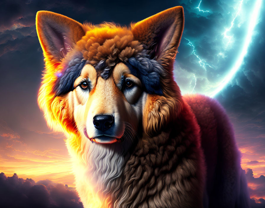 Realistic Wolf Digital Artwork with Dramatic Sky