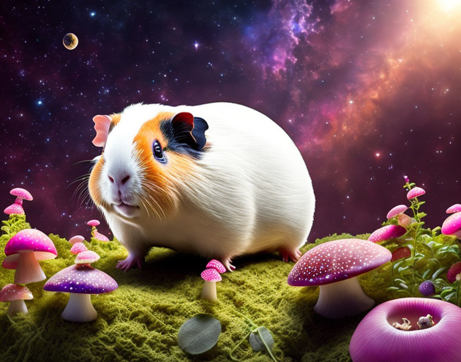 Colorful Cosmic Background with Guinea Pig and Mushrooms