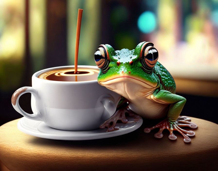 Green frog next to coffee cup with straw on wooden surface