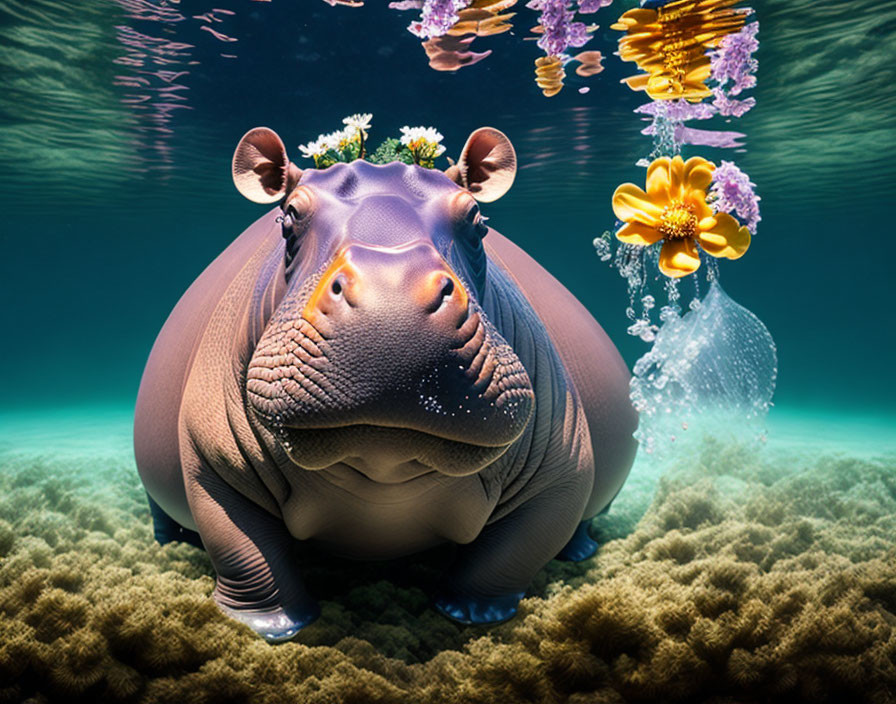 Submerged hippopotamus surrounded by vibrant flowers and bubbles