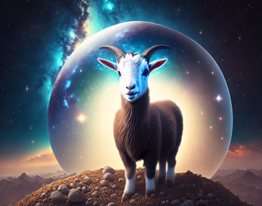 Goat on rocky mound under cosmic sky with glowing celestial body