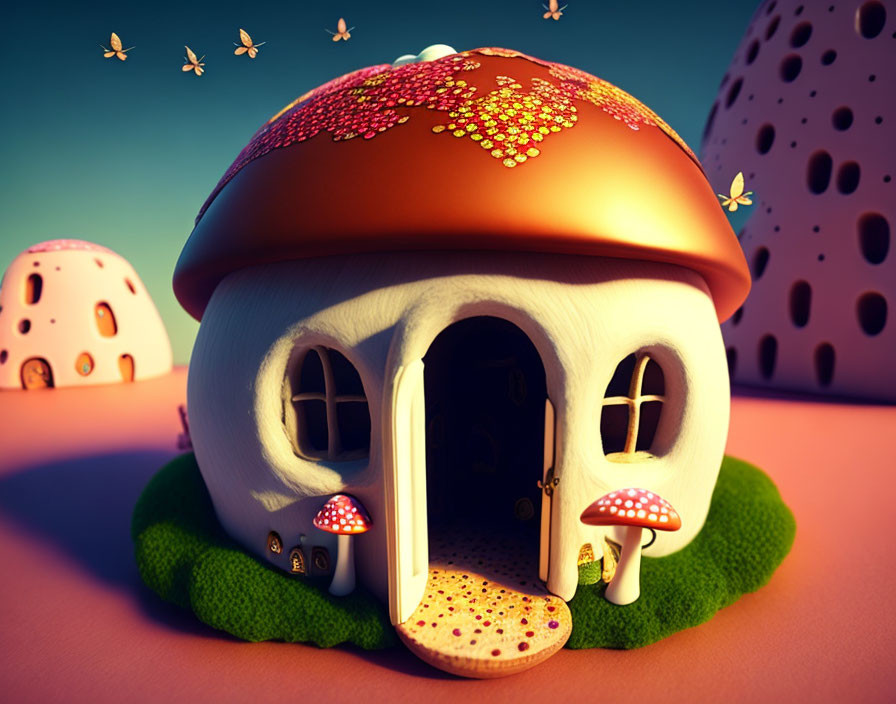 Whimsical mushroom house illustration with red cap and butterflies