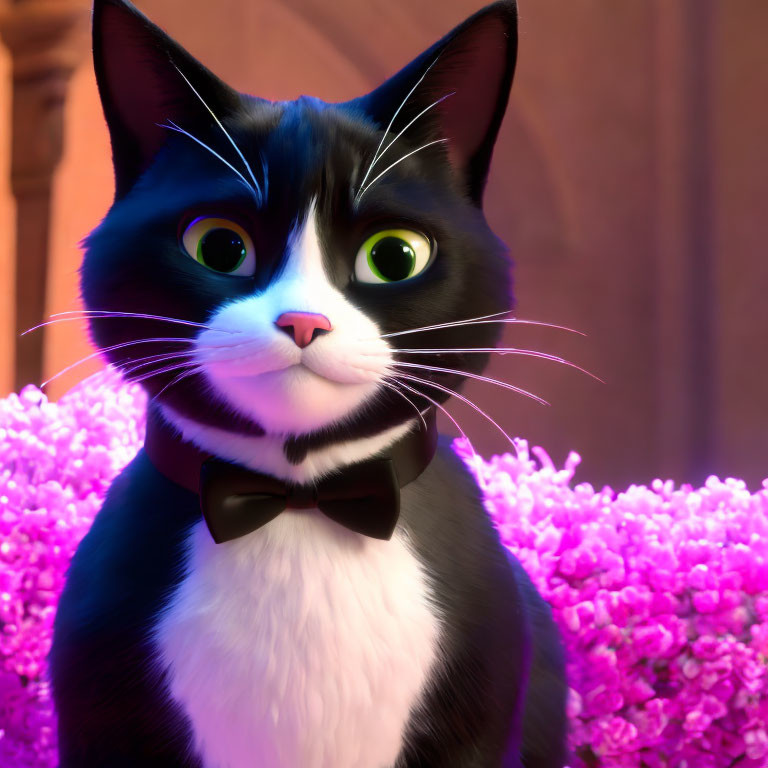 Black and white cat with green eyes and bow tie in purple flower background.