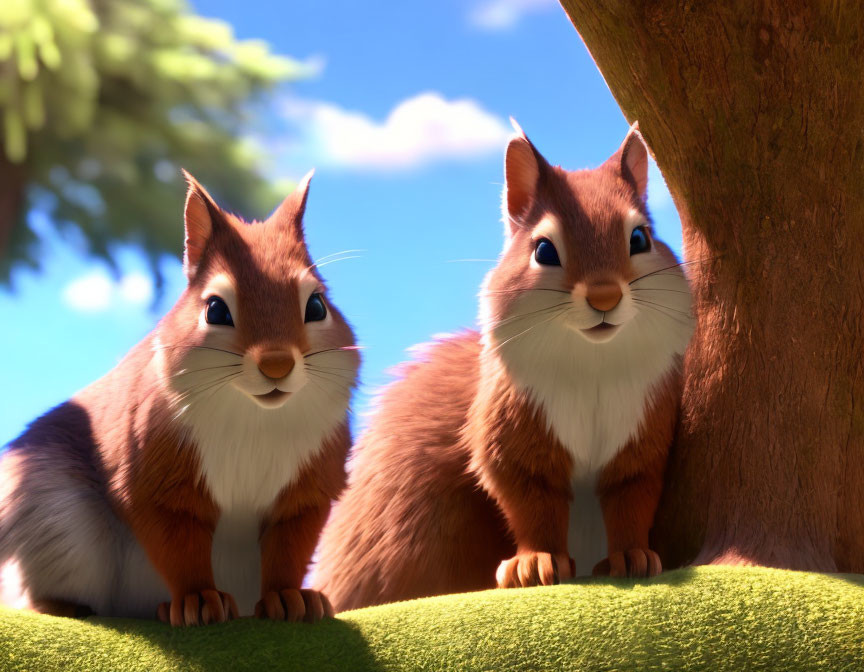 Two Smiling Animated Squirrels Under Sunny Tree