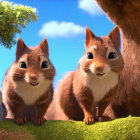 Two Smiling Animated Squirrels Under Sunny Tree