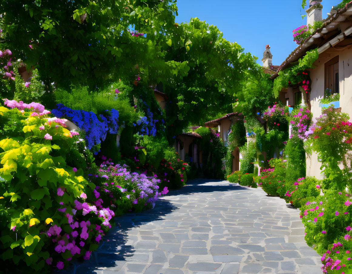 Scenic cobblestone path with vibrant flowers and charming houses