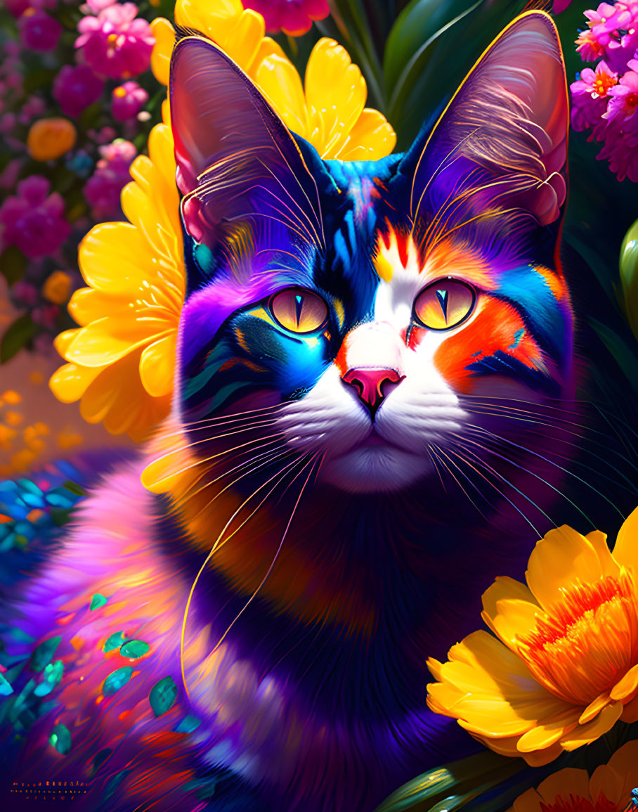 Colorful Cat Digital Painting Among Bright Flowers