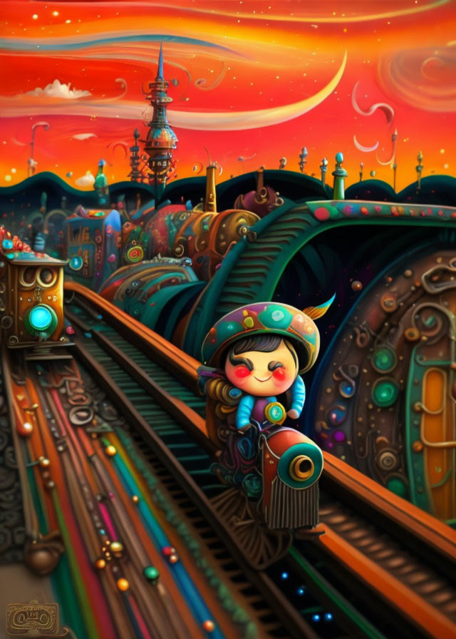 Colorful digital art: stylized character with intricate machinery in vibrant setting