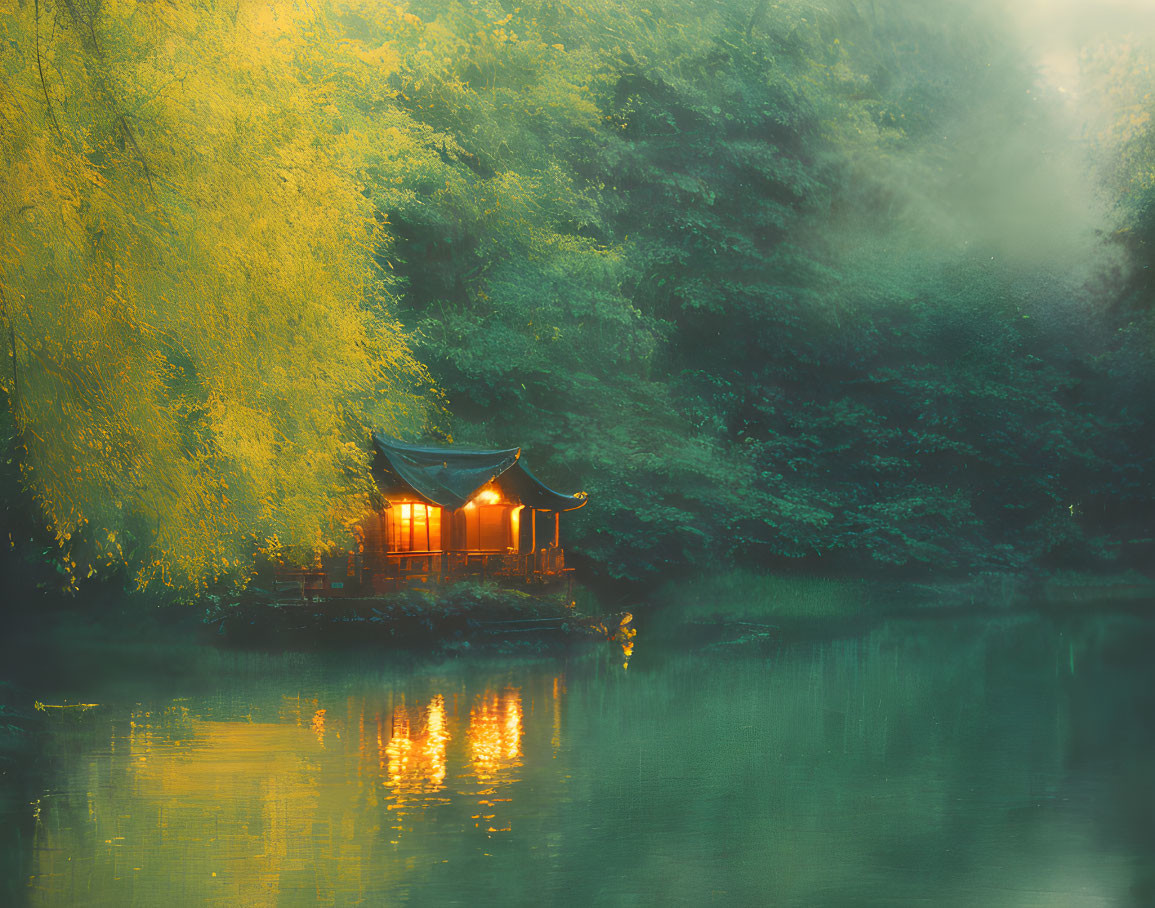 Tranquil lakeside view with traditional pavilion and lush greenery