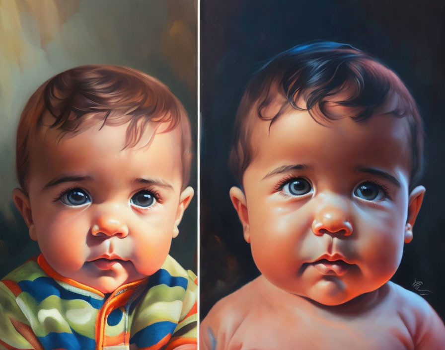 Baby portraits: colorful outfit vs. bare-shouldered on dark background