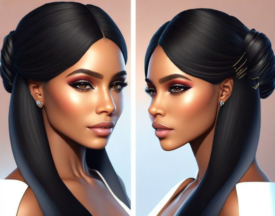 3D Rendered Female Character Portraits with Sleek Hair and Bold Makeup