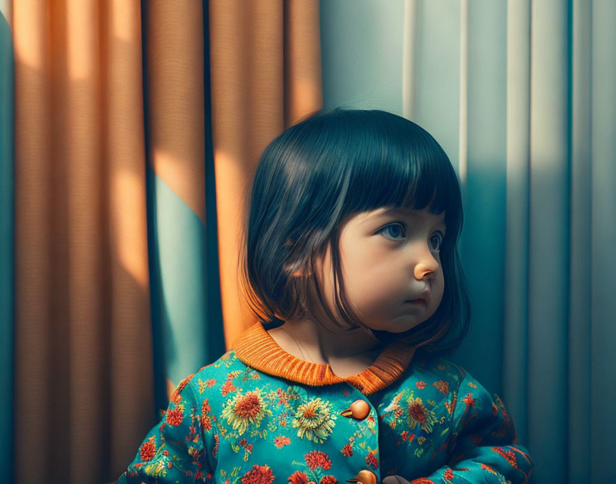 Child with bobbed hair in floral outfit gazes out window in soft light.