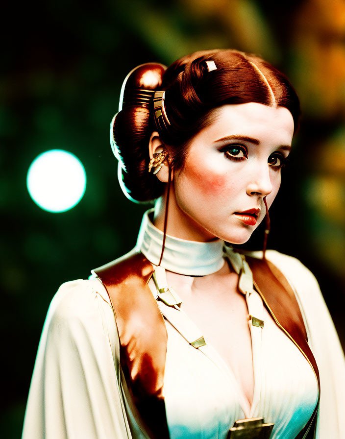 Elaborate Sci-Fi-Inspired Hairstyle on Woman in White Costume