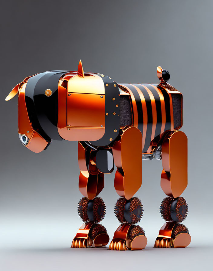 Futuristic robotic dog with metallic orange and black stripes on gray background