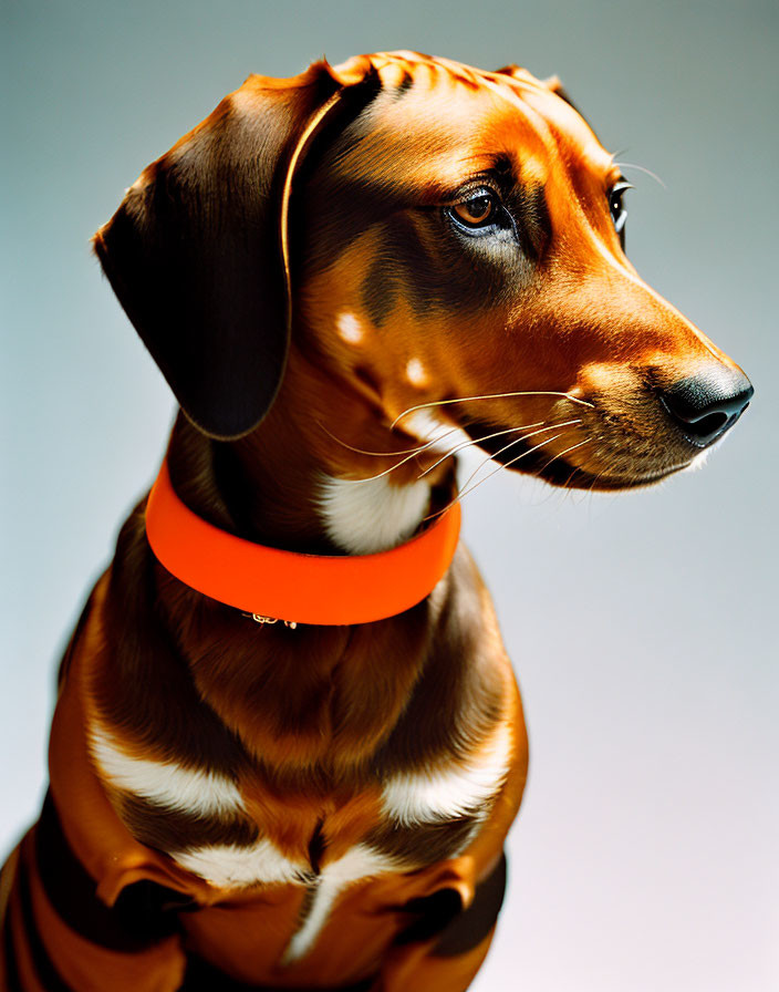 Brown Dachshund with Glossy Coat and Orange Collar on Grey Background