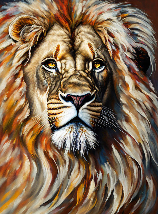 Vibrant lion painting with flowing mane and intense yellow eyes