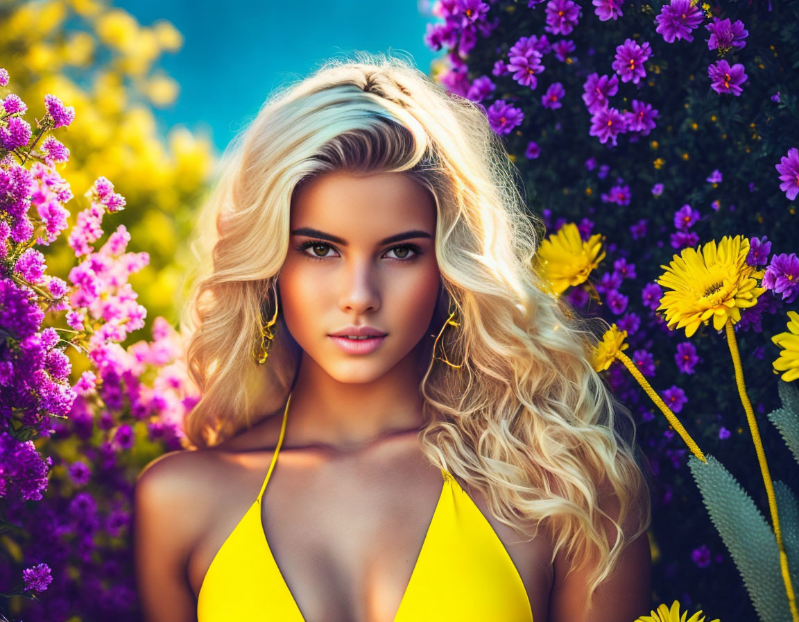 Blonde Woman in Yellow Top Surrounded by Purple and Yellow Flowers