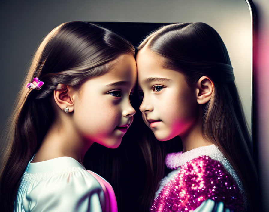 Young girl with brown hair and flower hairpin gazes at reflection in mirror