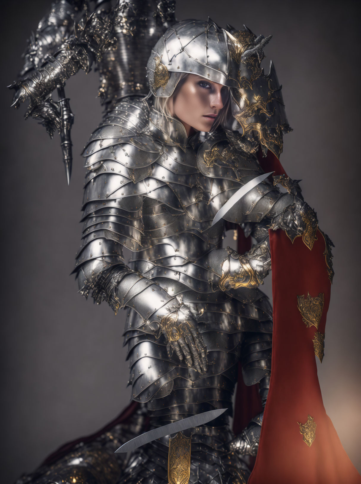 Medieval knight in golden accented armor with red cape and sword