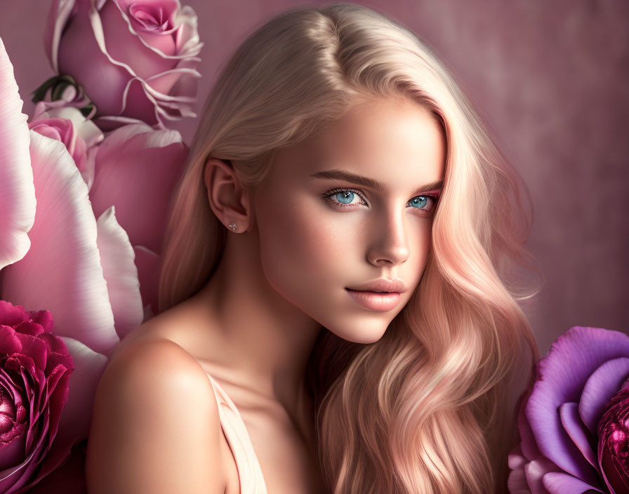 Young woman portrait with blue eyes and blond hair among pink and purple flowers on rosy backdrop